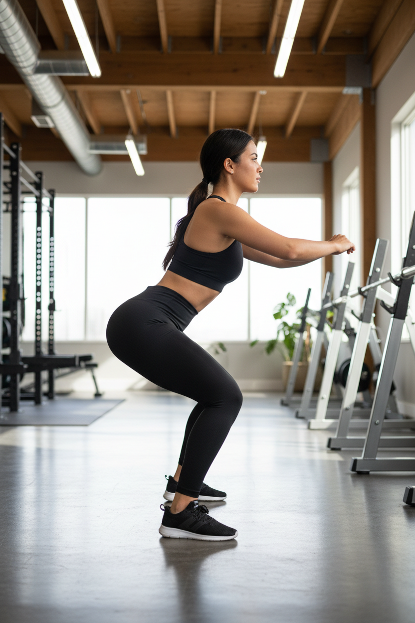 Woman doing squat in black high-waisted leggings